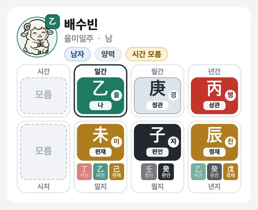 배수빈 사주 원국 — 을미일주