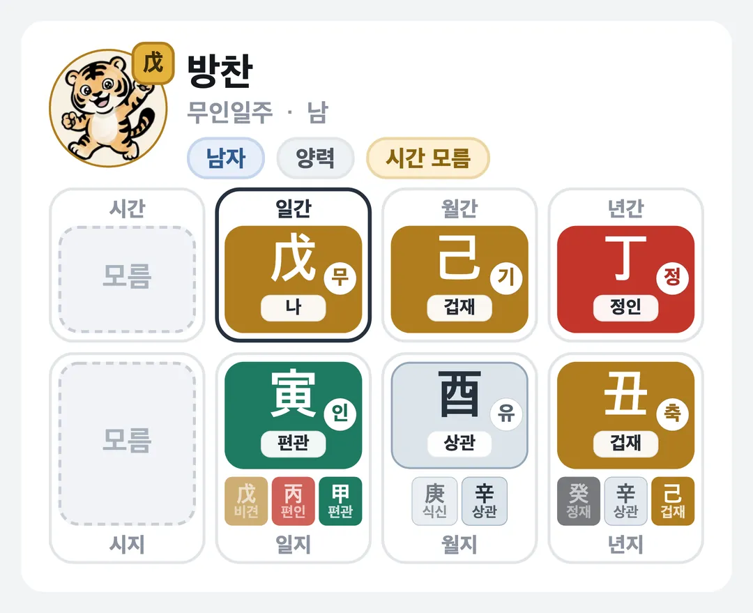 방찬 사주 원국 — 무인일주