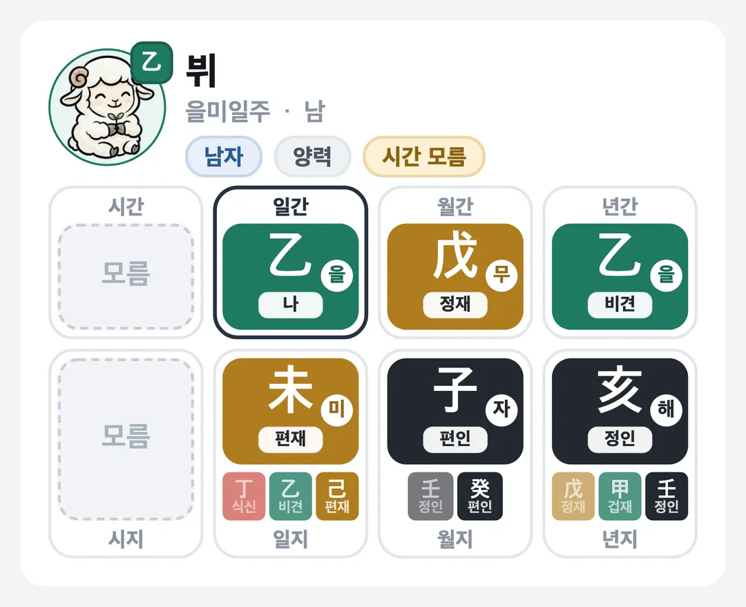 뷔 사주 원국 — 을미일주