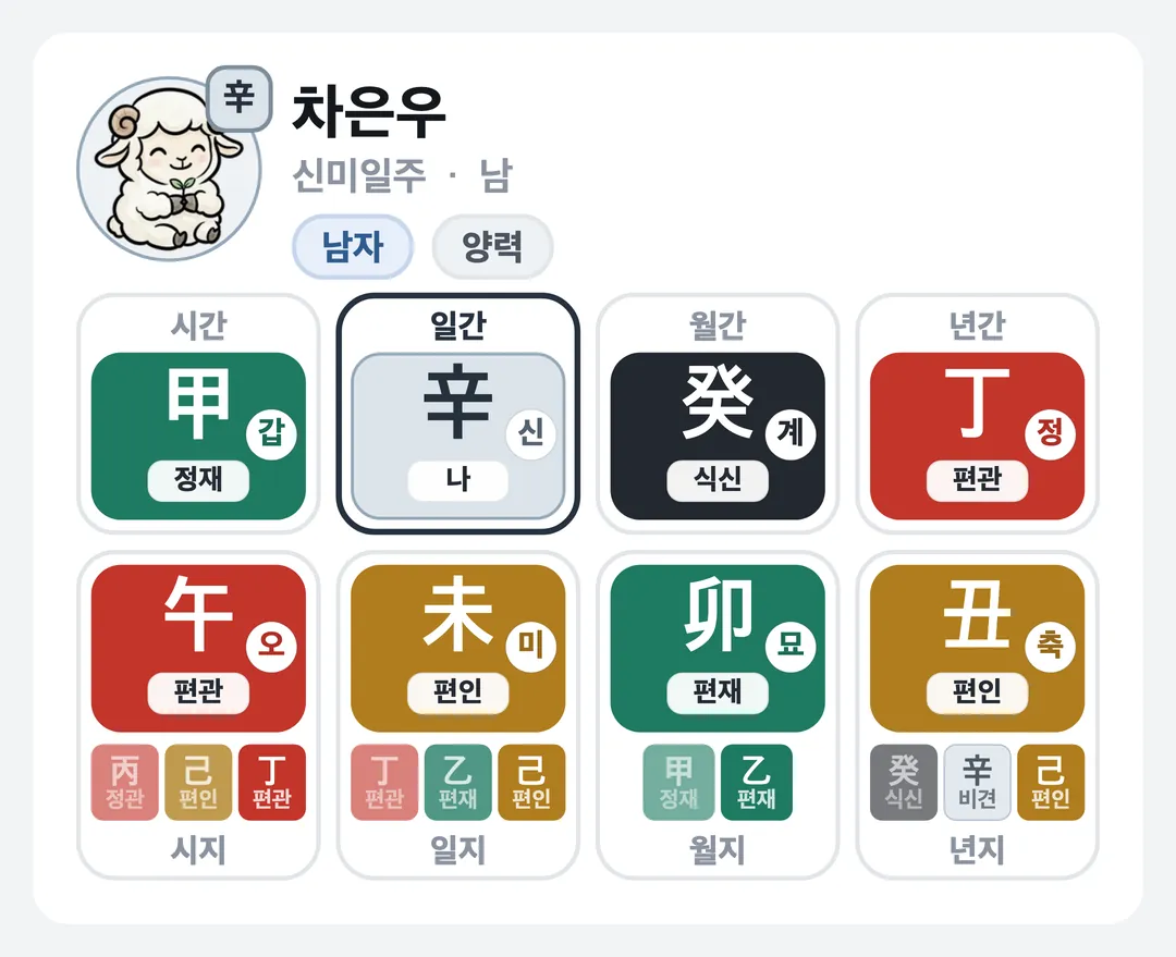 차은우 사주 원국 — 신미일주