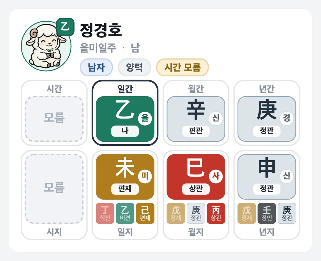정경호 사주 원국 — 을미일주