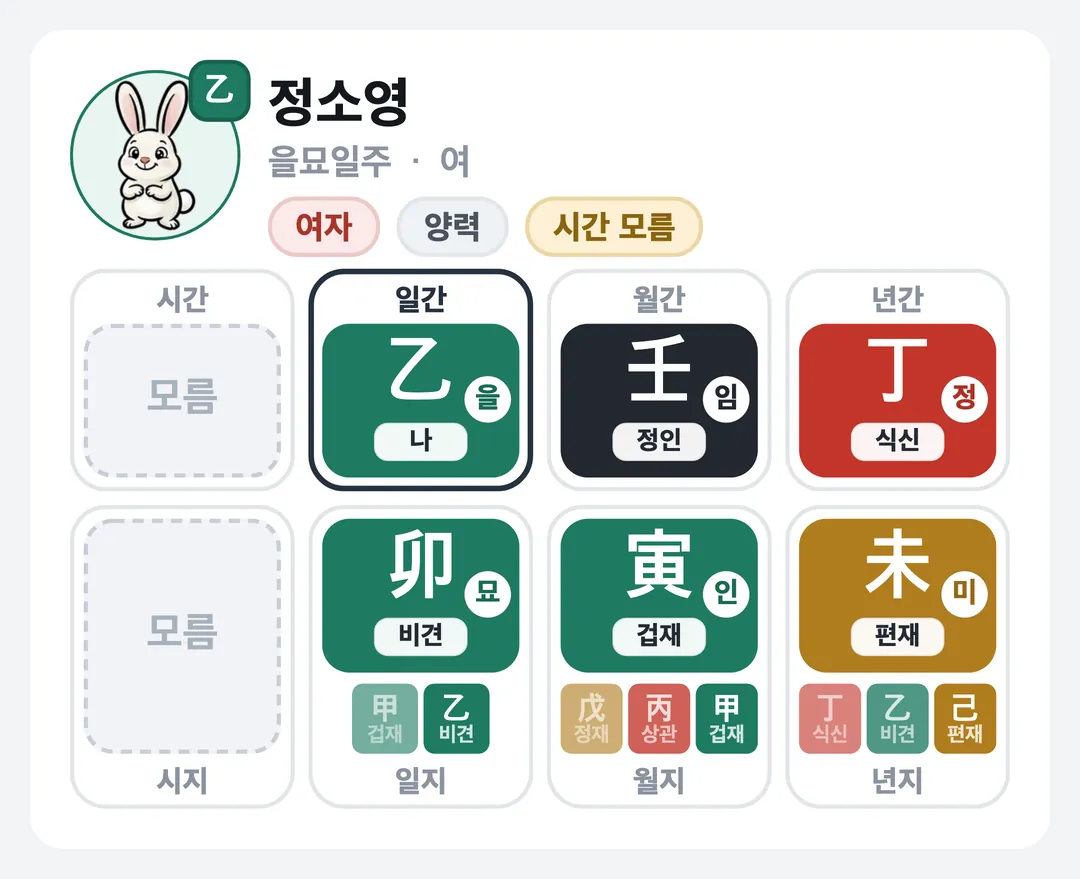 정소영 사주 원국 — 을묘일주