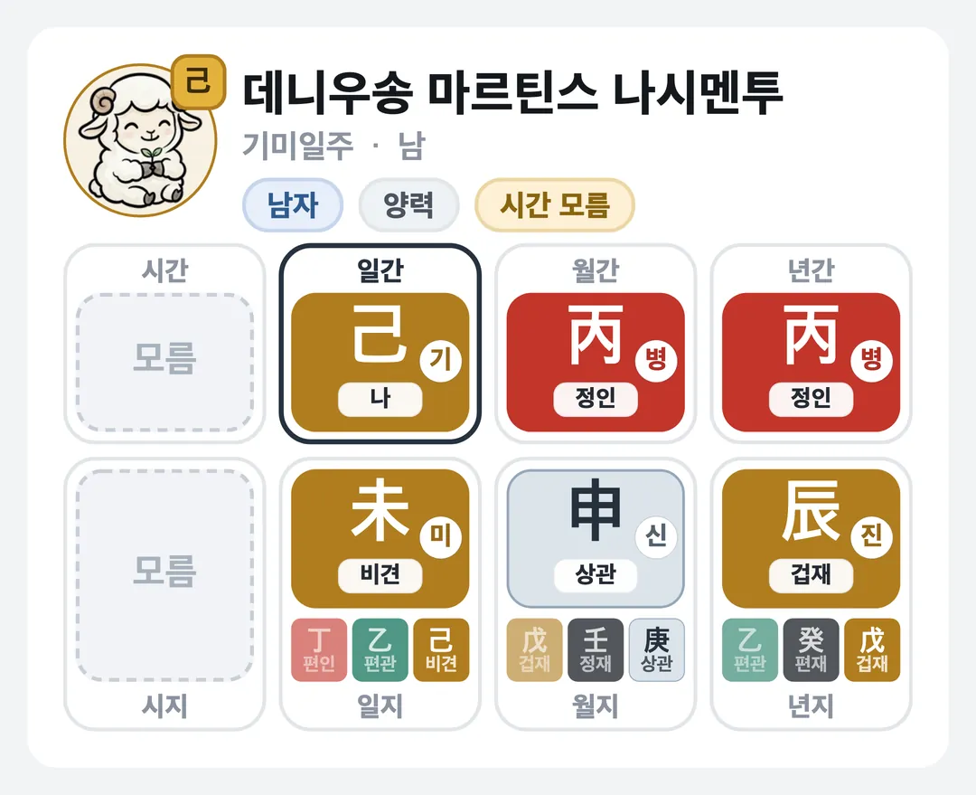 데니우송 마르틴스 나시멘투 사주 원국 — 기미일주