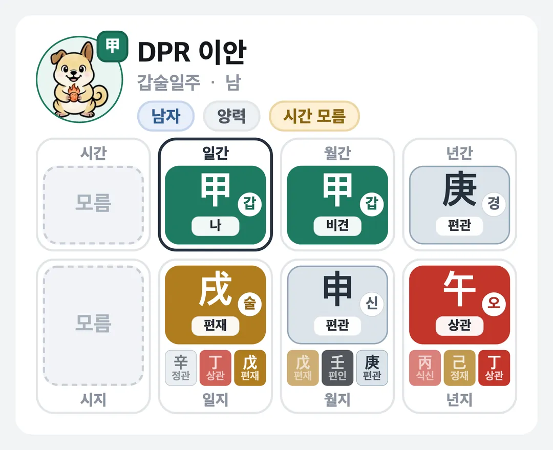 DPR 이안 사주 원국 — 갑술일주