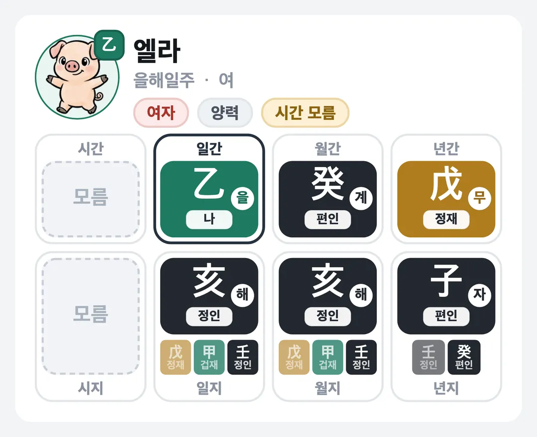 엘라 사주 원국 — 을해일주