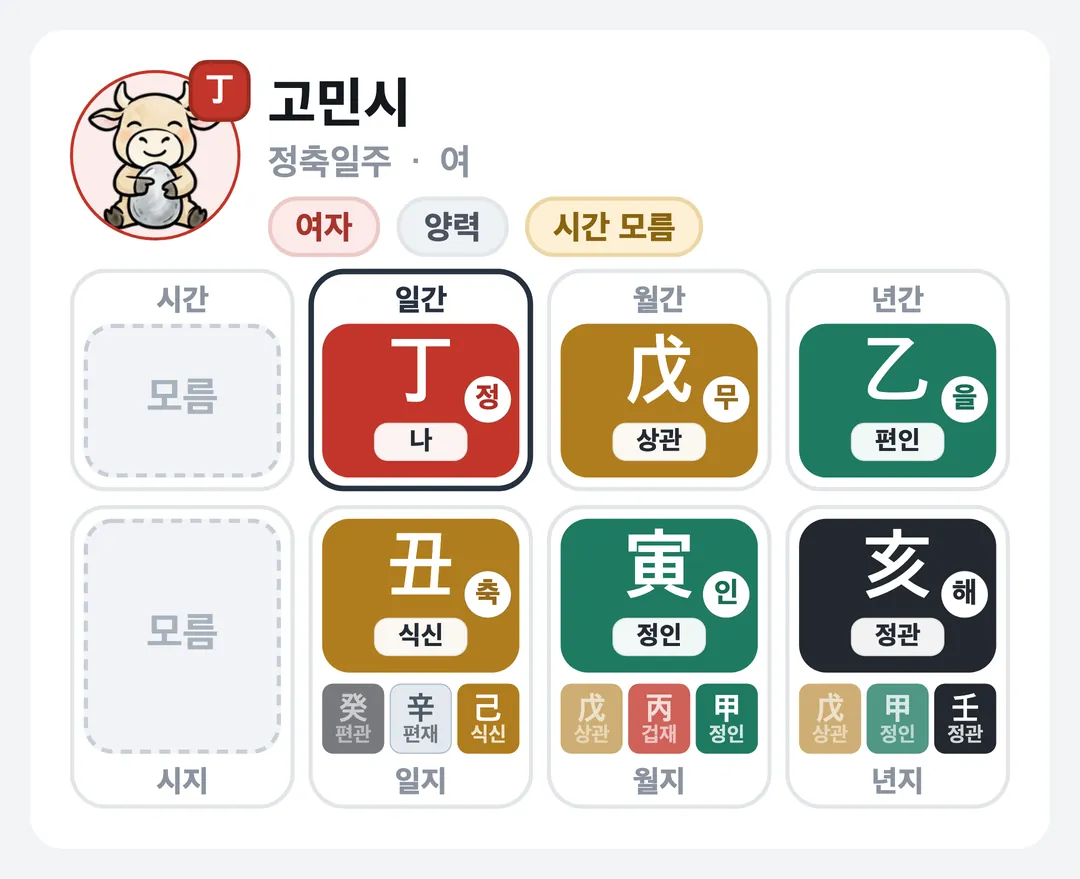 고민시 사주 원국 — 정축일주