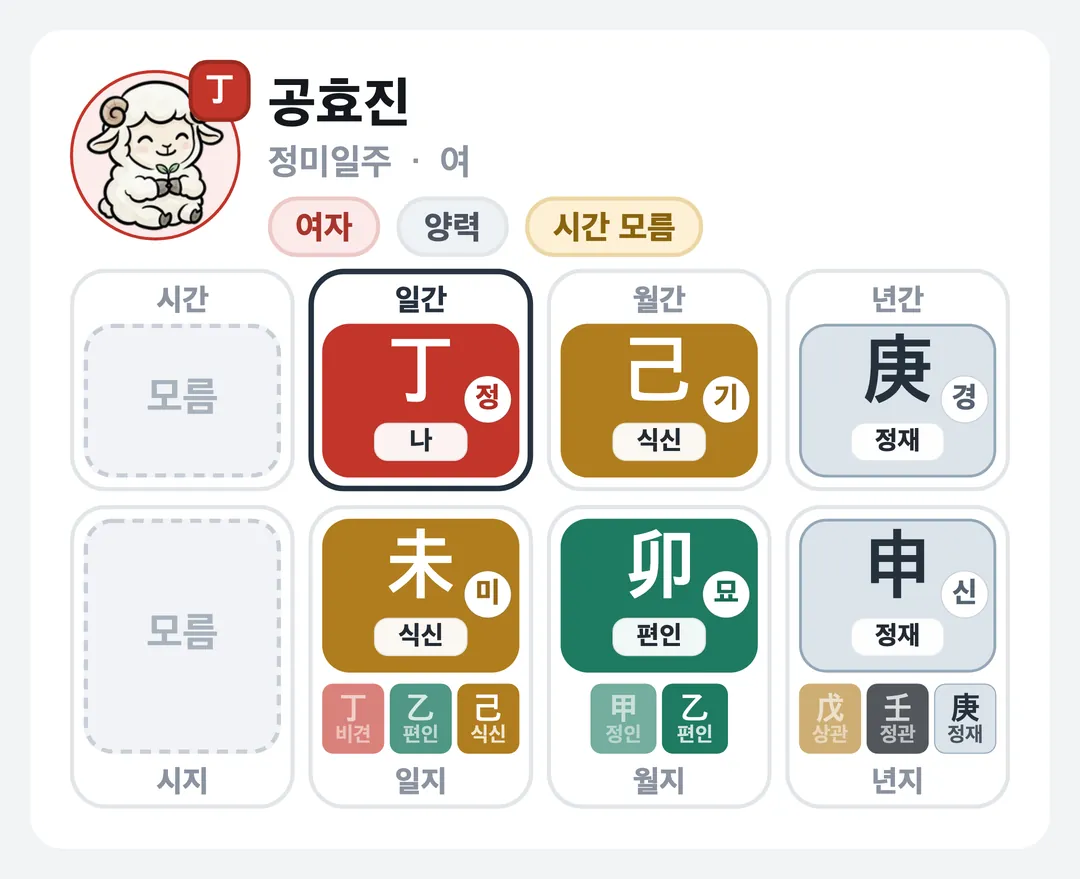 공효진 사주 원국 — 정미일주