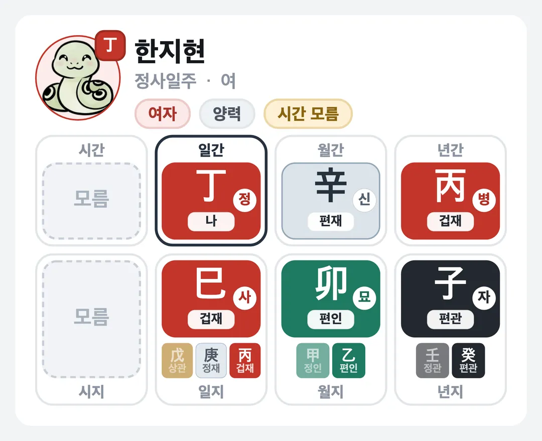 한지현 사주 원국 — 정사일주