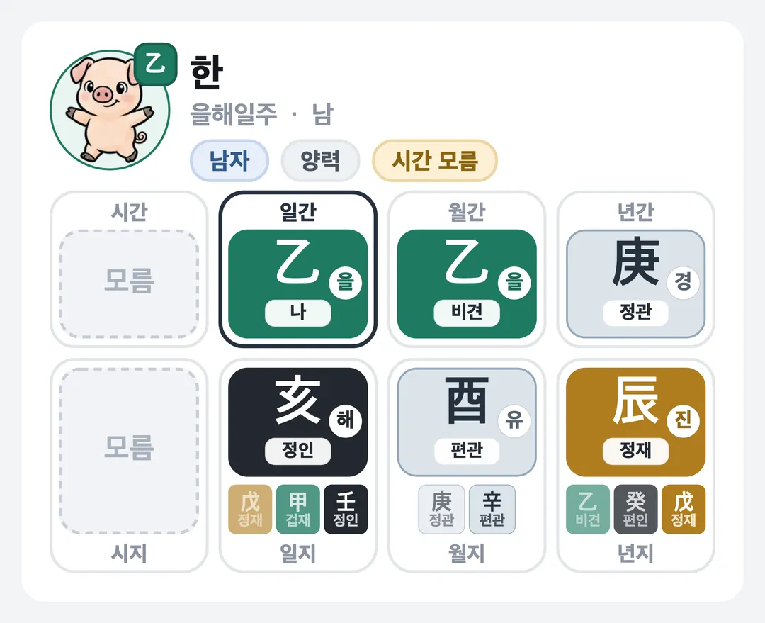 한 사주 원국 — 을해일주