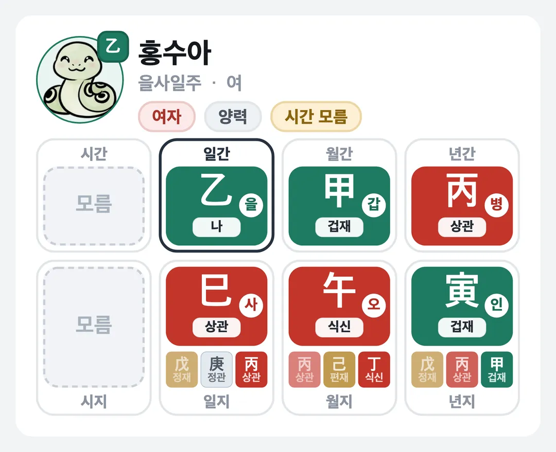 홍수아 사주 원국 — 을사일주