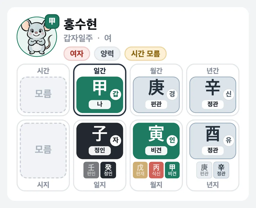 홍수현 사주 원국 — 갑자일주