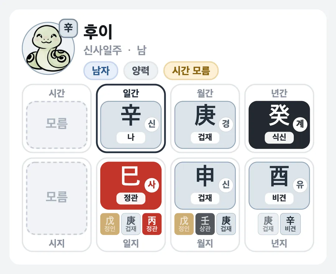 후이 사주 원국 — 신사일주