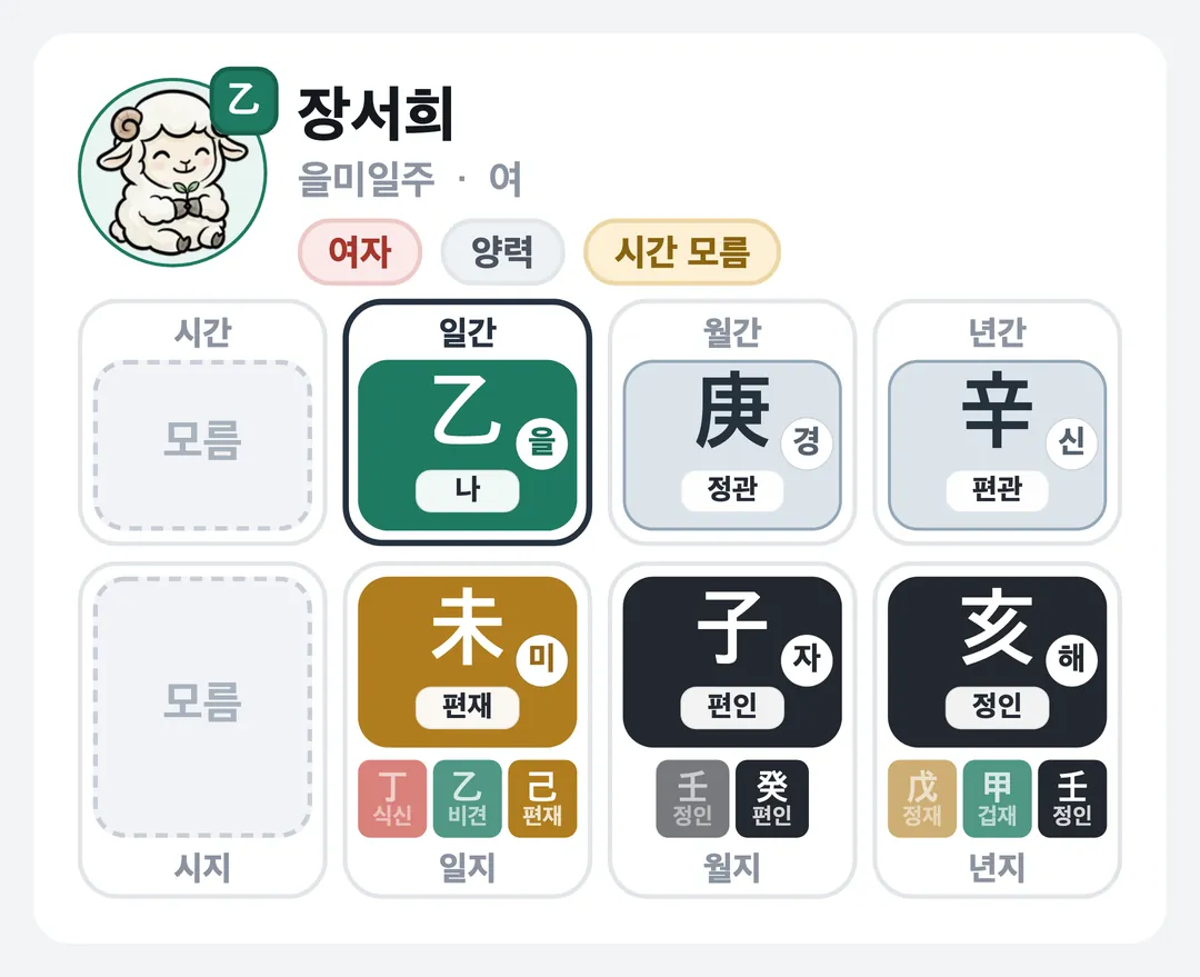 장서희 사주 원국 — 을미일주