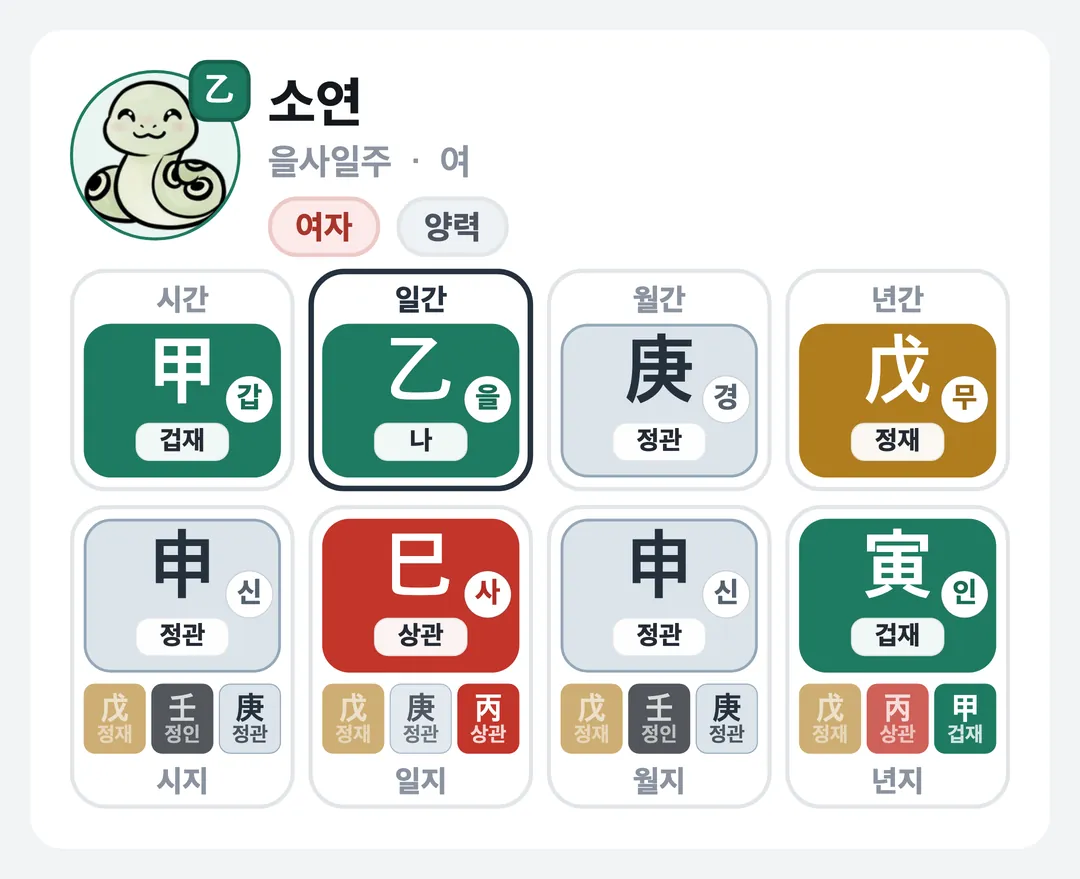 소연 사주 원국 — 을사일주
