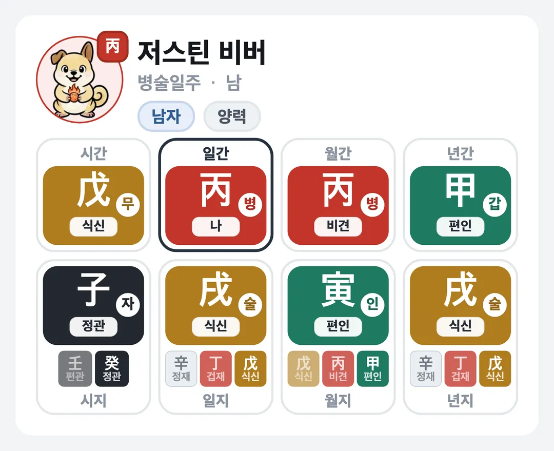 저스틴 비버 사주 원국 — 병술일주