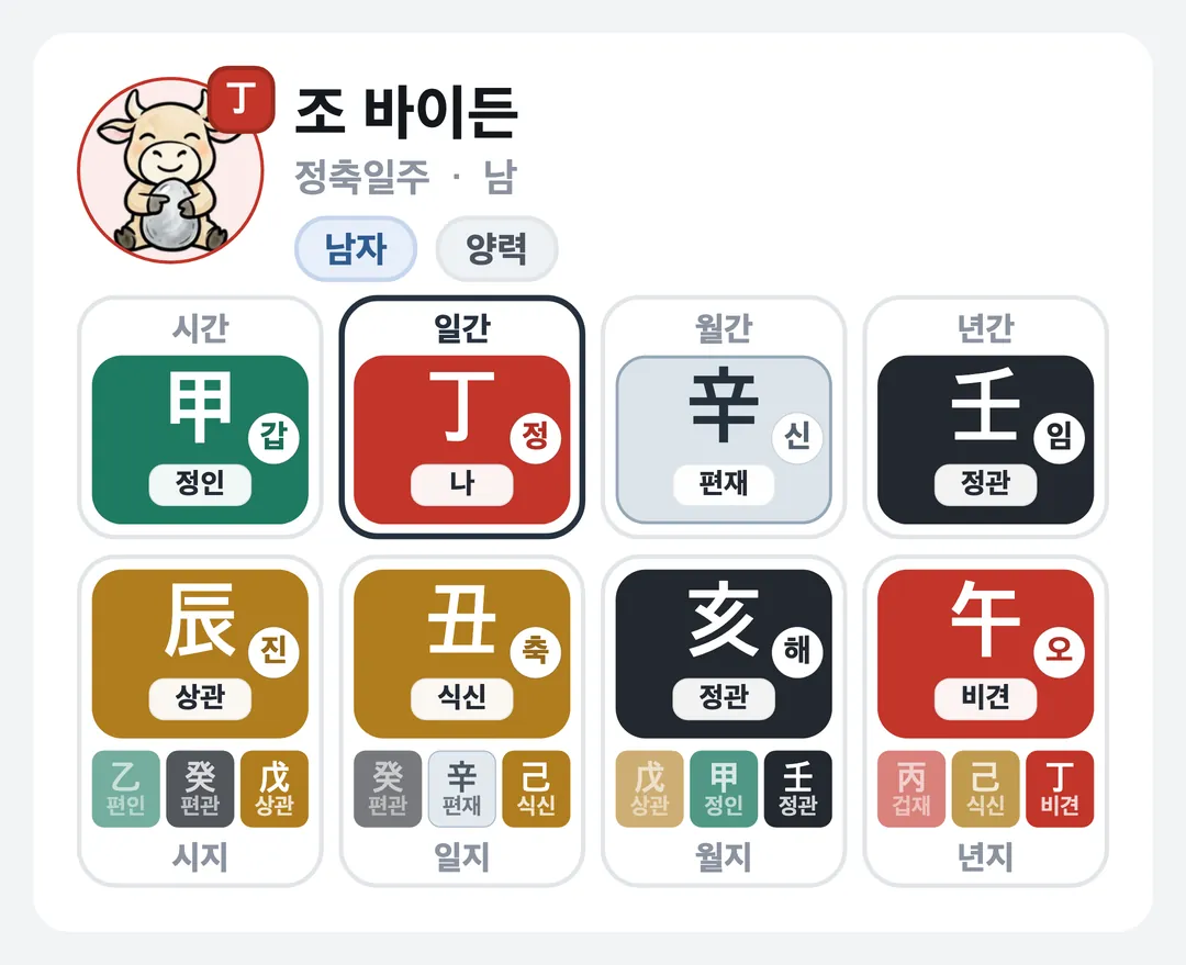 조 바이든 사주 원국 — 정축일주