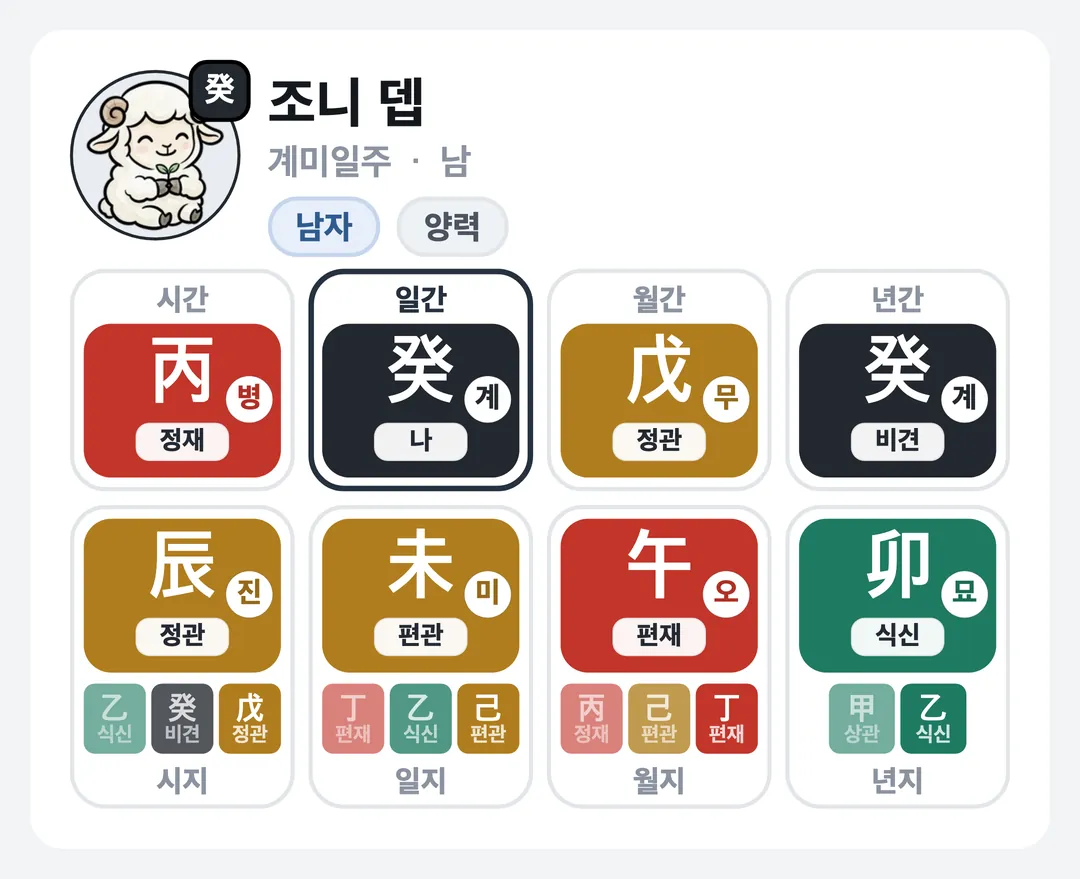조니 뎁 사주 원국 — 계미일주