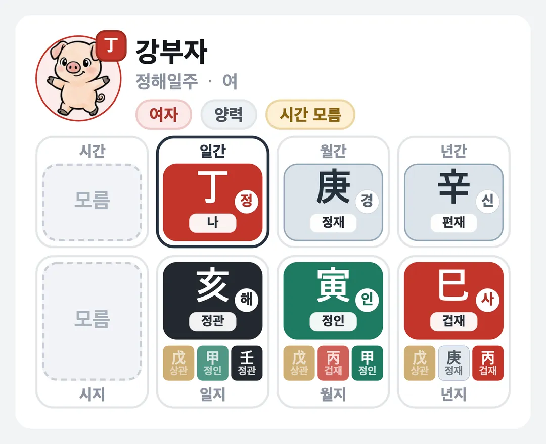 강부자 사주 원국 — 정해일주