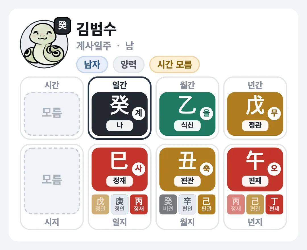 김범수 사주 원국 — 계사일주