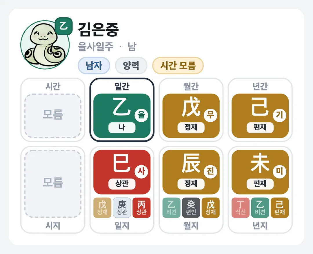 김은중 사주 원국 — 을사일주