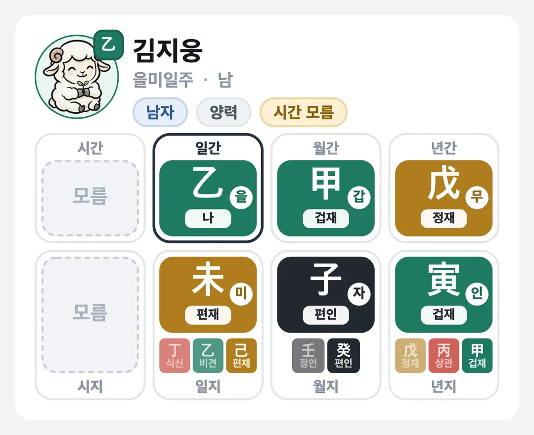 김지웅 사주 원국 — 을미일주