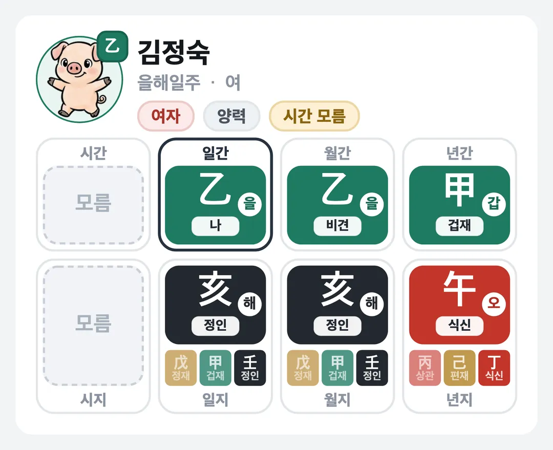 김정숙 사주 원국 — 을해일주