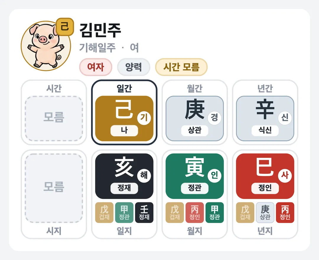 김민주 사주 원국 — 기해일주
