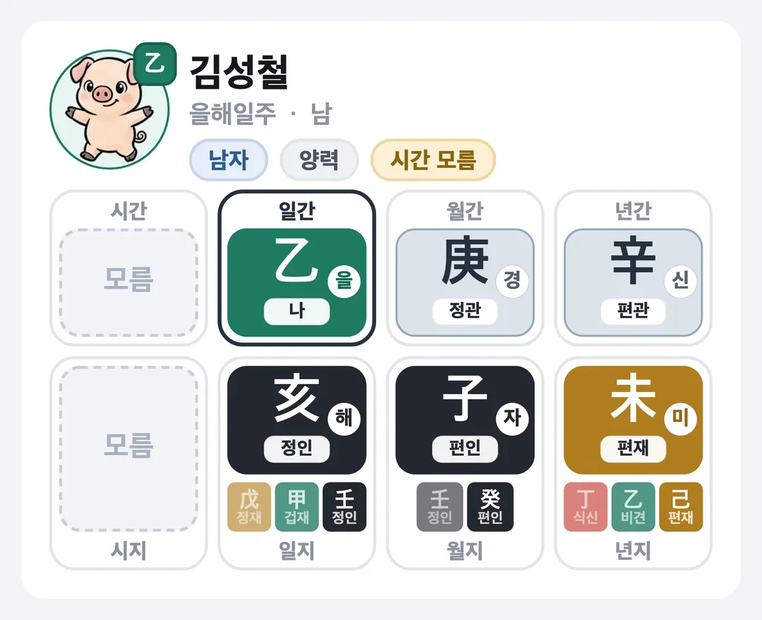 김성철 사주 원국 — 을해일주