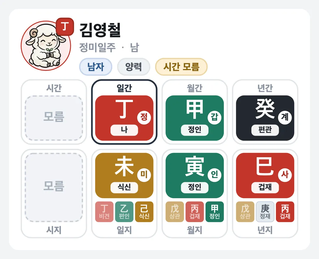 김영철 사주 원국 — 정미일주