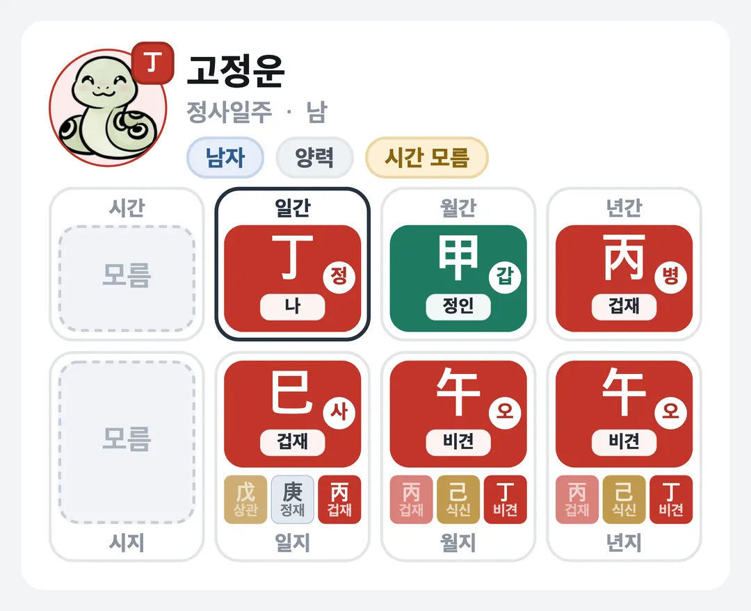 고정운 사주 원국 — 정사일주