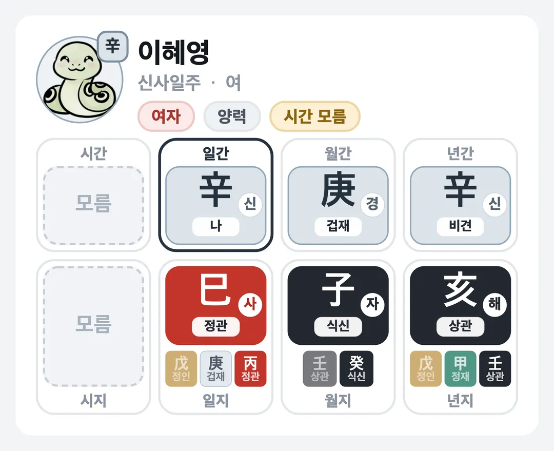 이혜영 사주 원국 — 신사일주