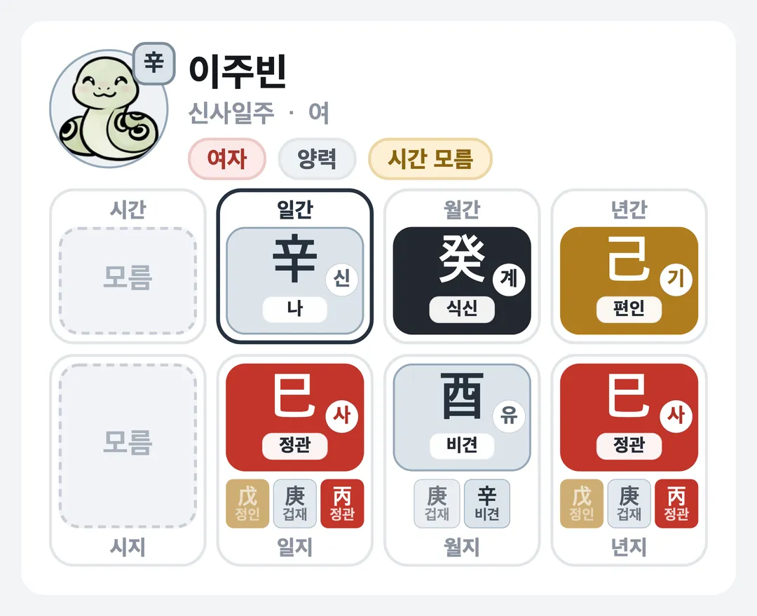 이주빈 사주 원국 — 신사일주
