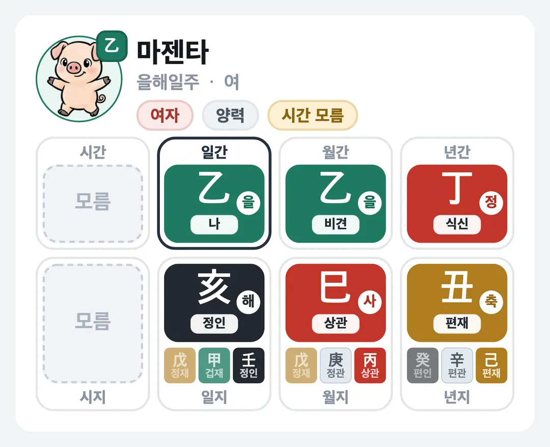 마젠타 사주 원국 — 을해일주