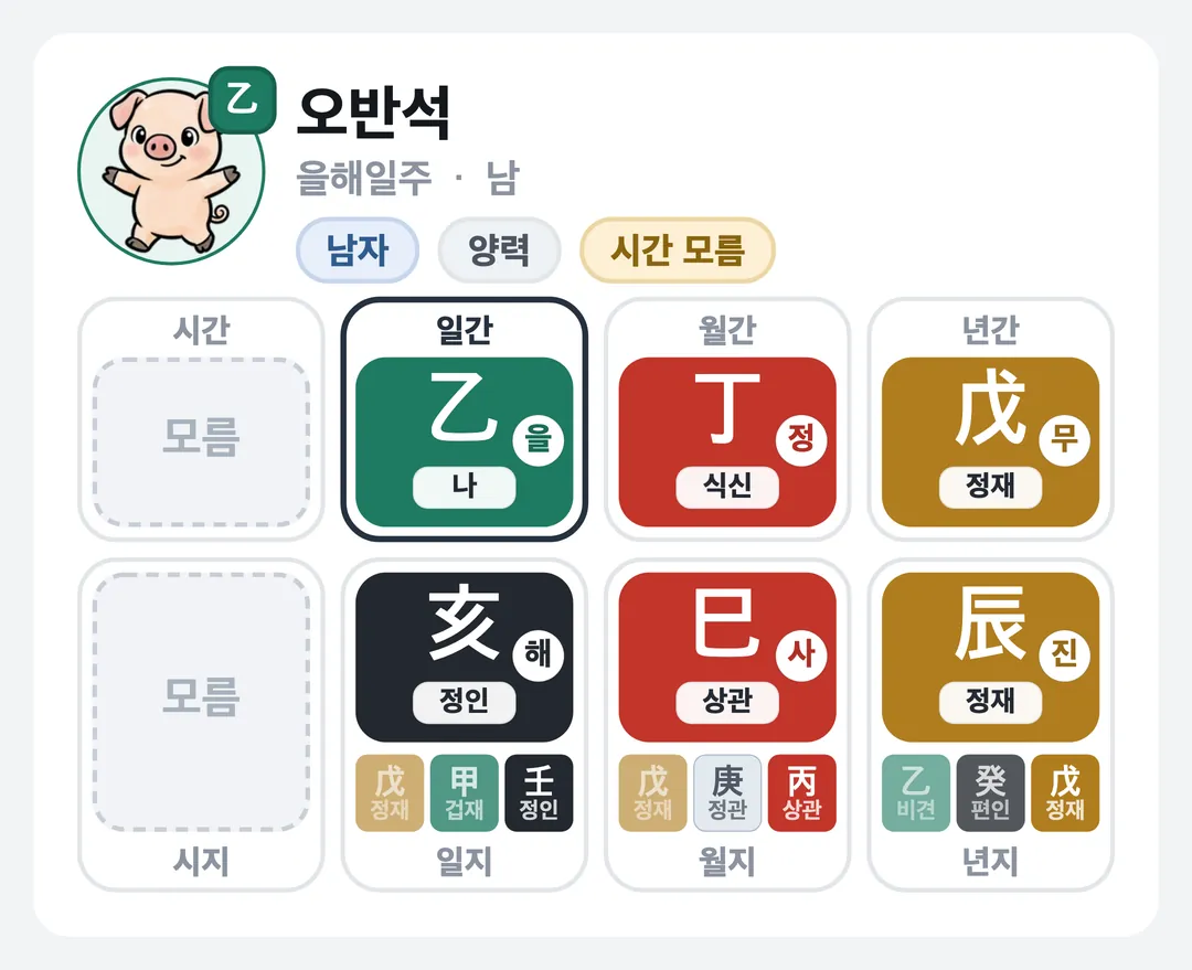 오반석 사주 원국 — 을해일주