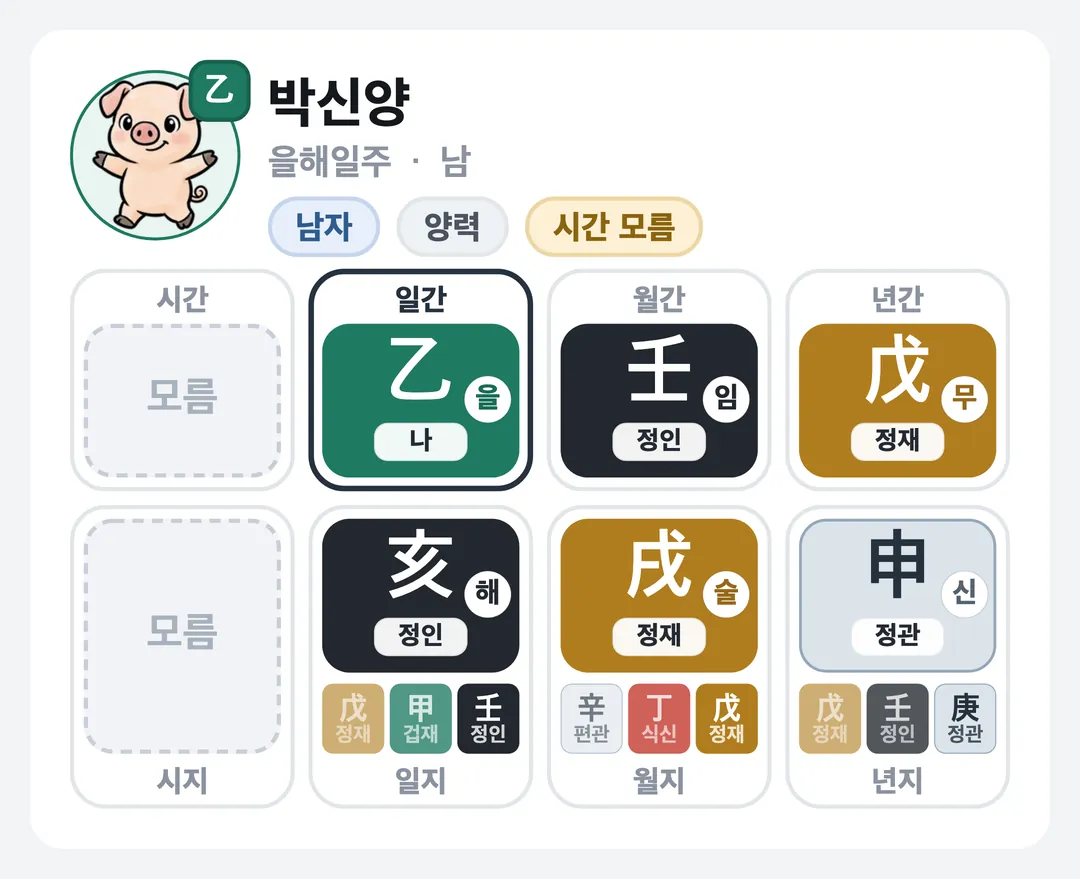 박신양 사주 원국 — 을해일주