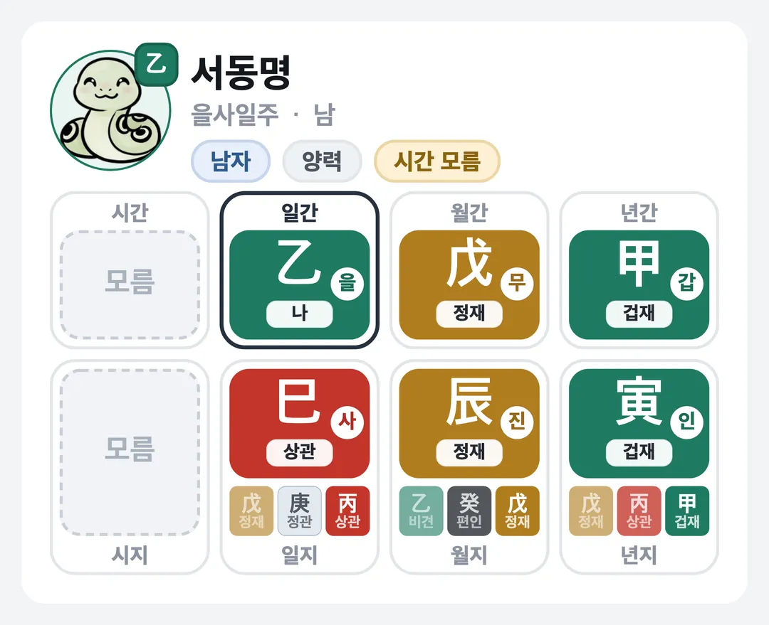 서동명 사주 원국 — 을사일주