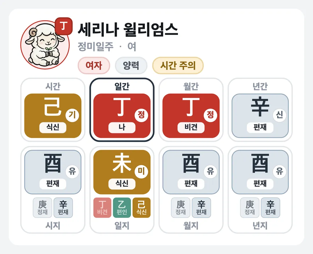 세리나 윌리엄스 사주 원국 — 정미일주