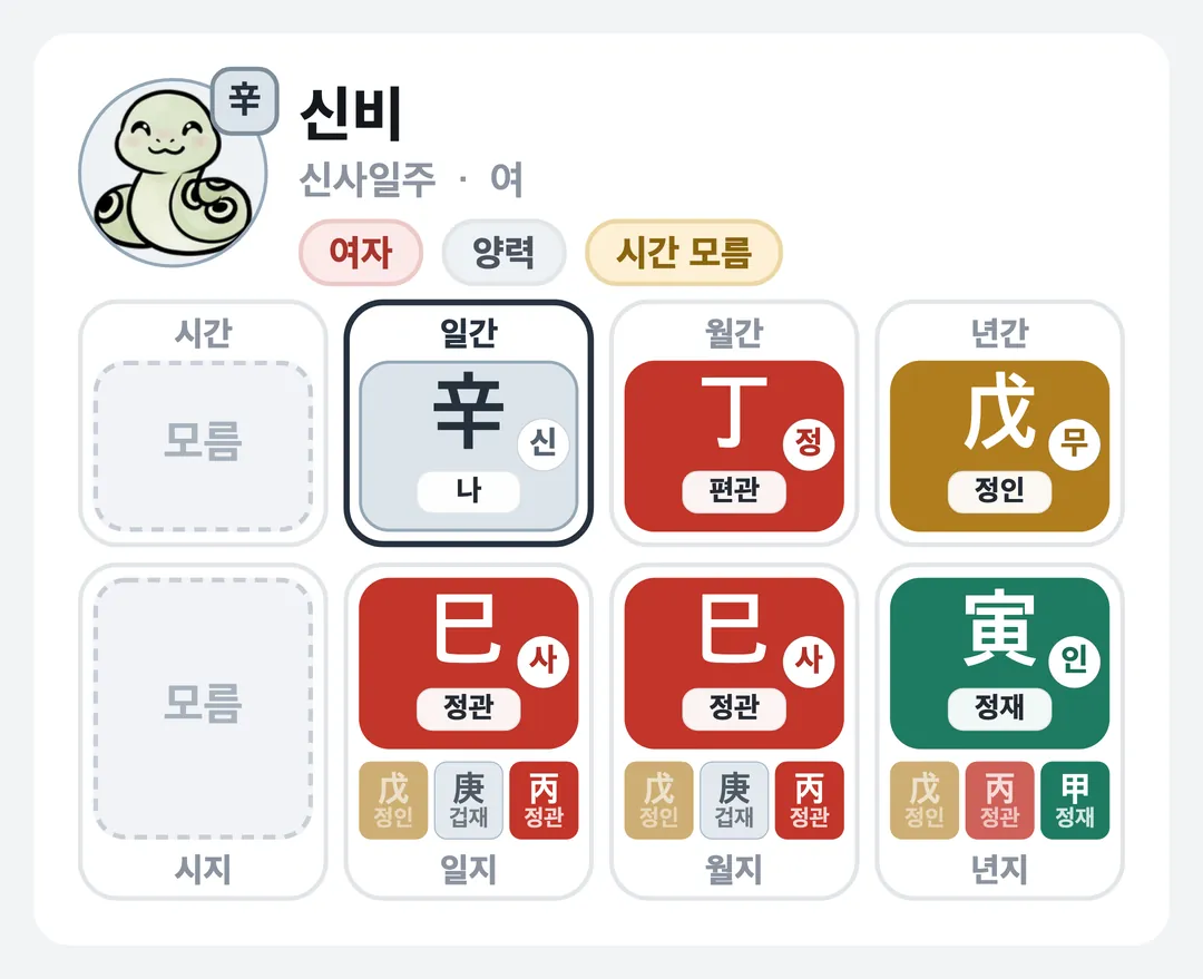 신비 사주 원국 — 신사일주