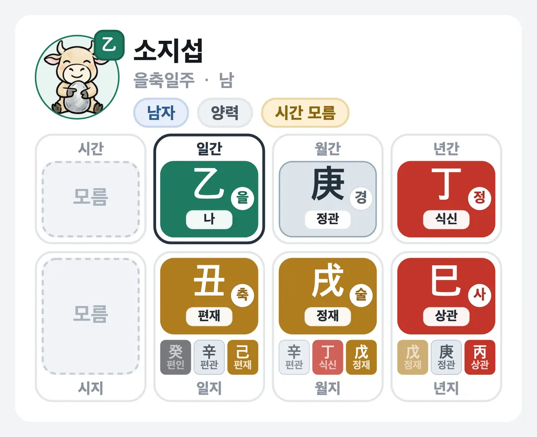 소지섭 사주 원국 — 을축일주