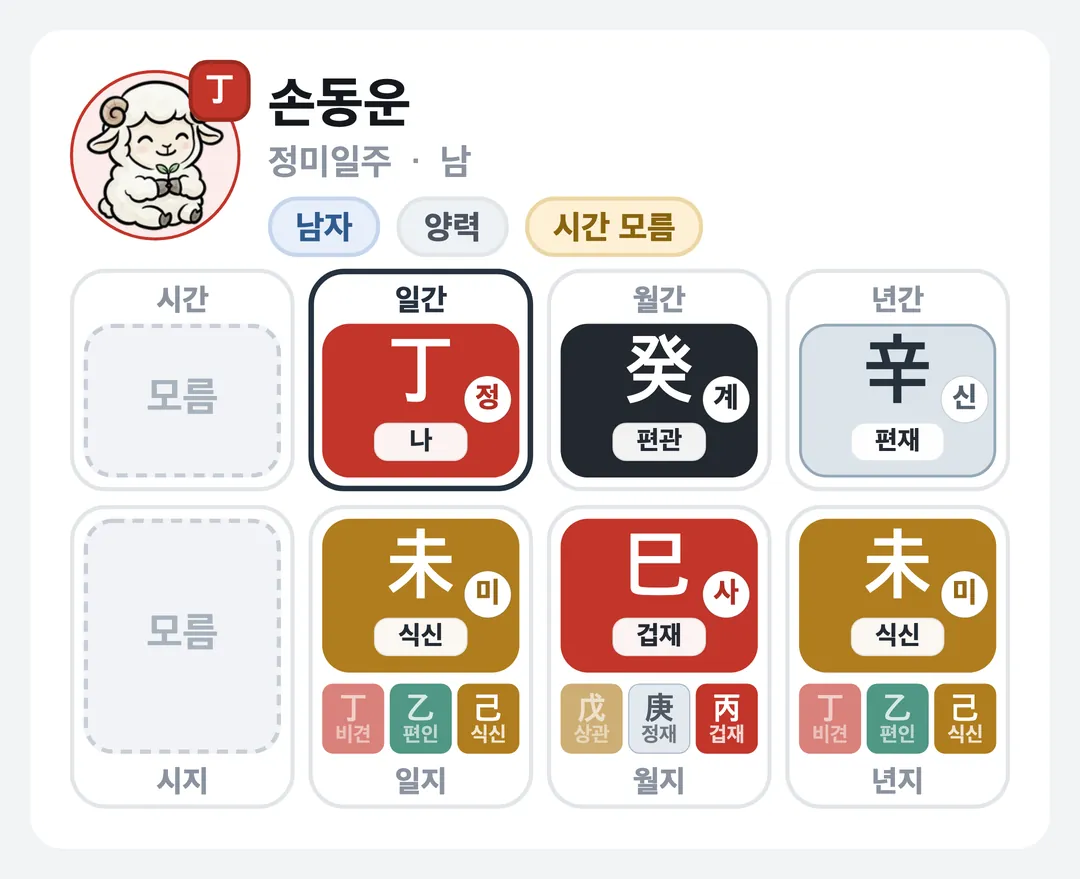 손동운 사주 원국 — 정미일주