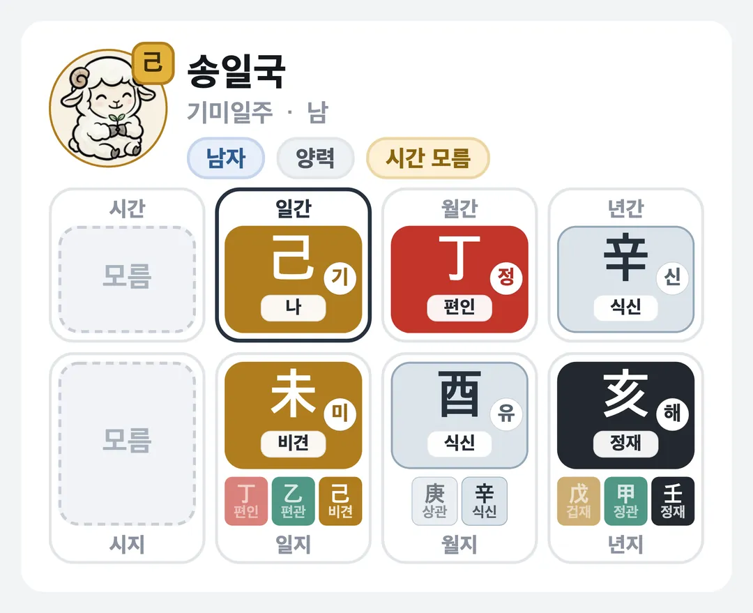 송일국 사주 원국 — 기미일주