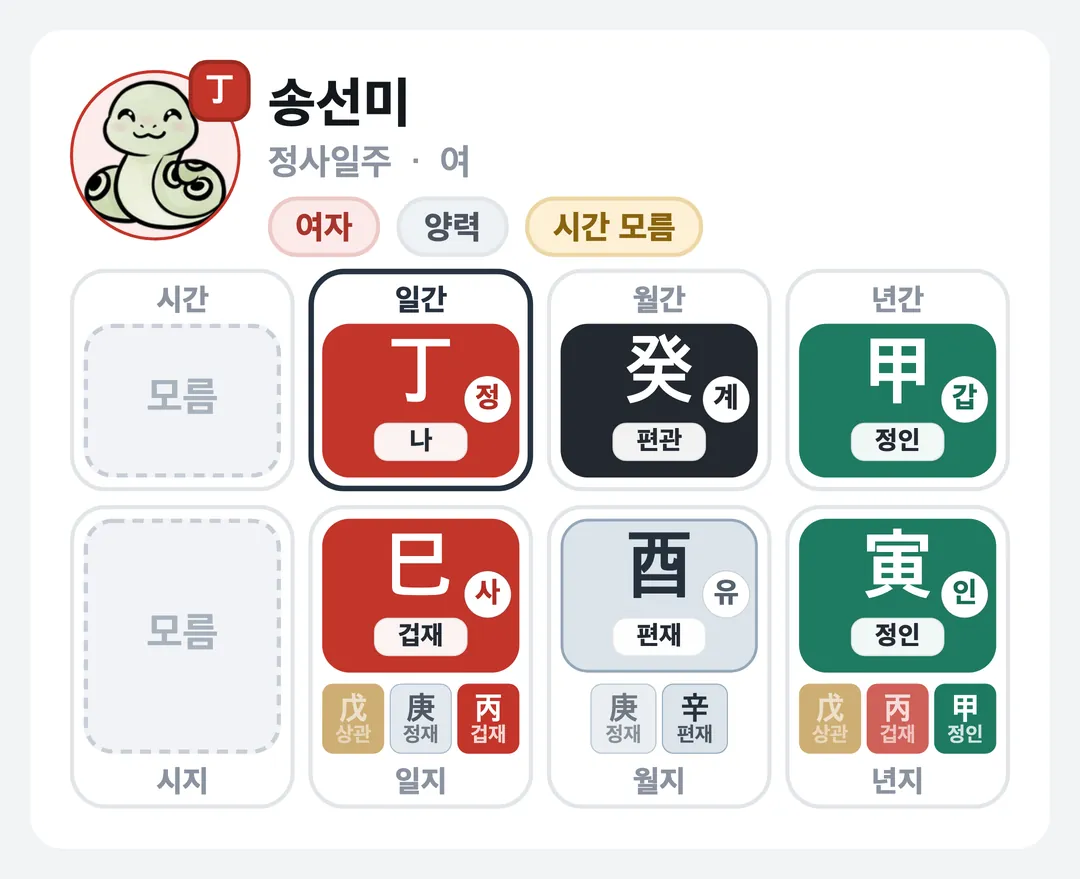 송선미 사주 원국 — 정사일주