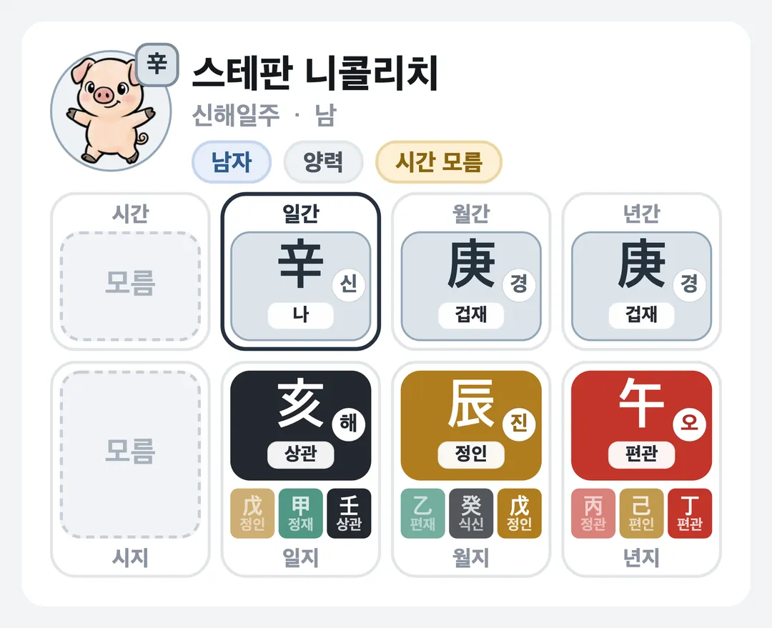 스테판 니콜리치 사주 원국 — 신해일주