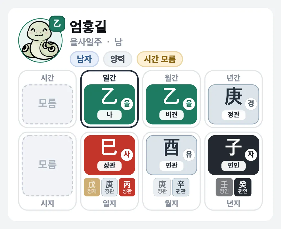 엄홍길 사주 원국 — 을사일주