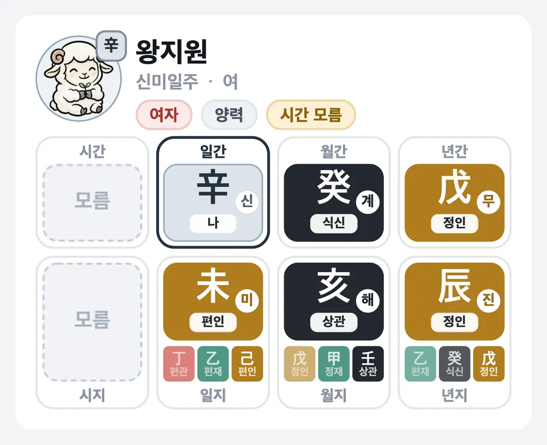 왕지원 사주 원국 — 신미일주