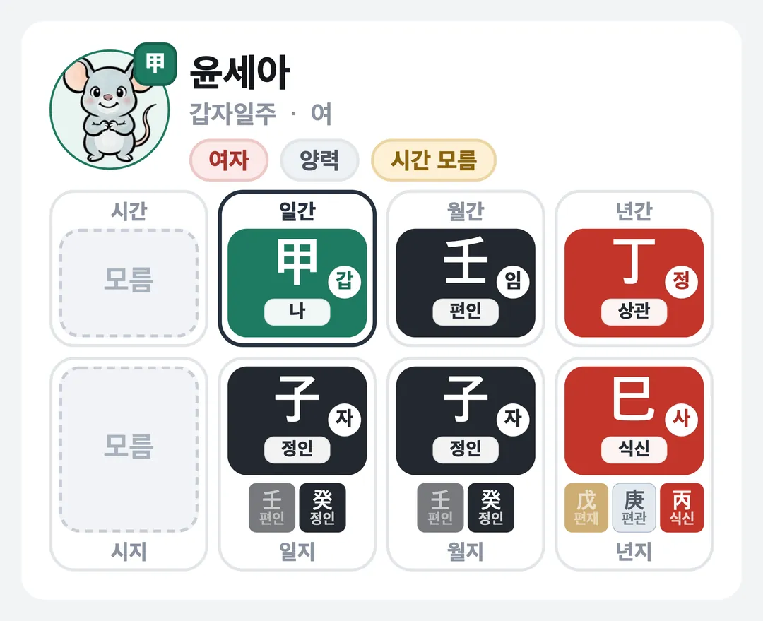윤세아 사주 원국 — 갑자일주