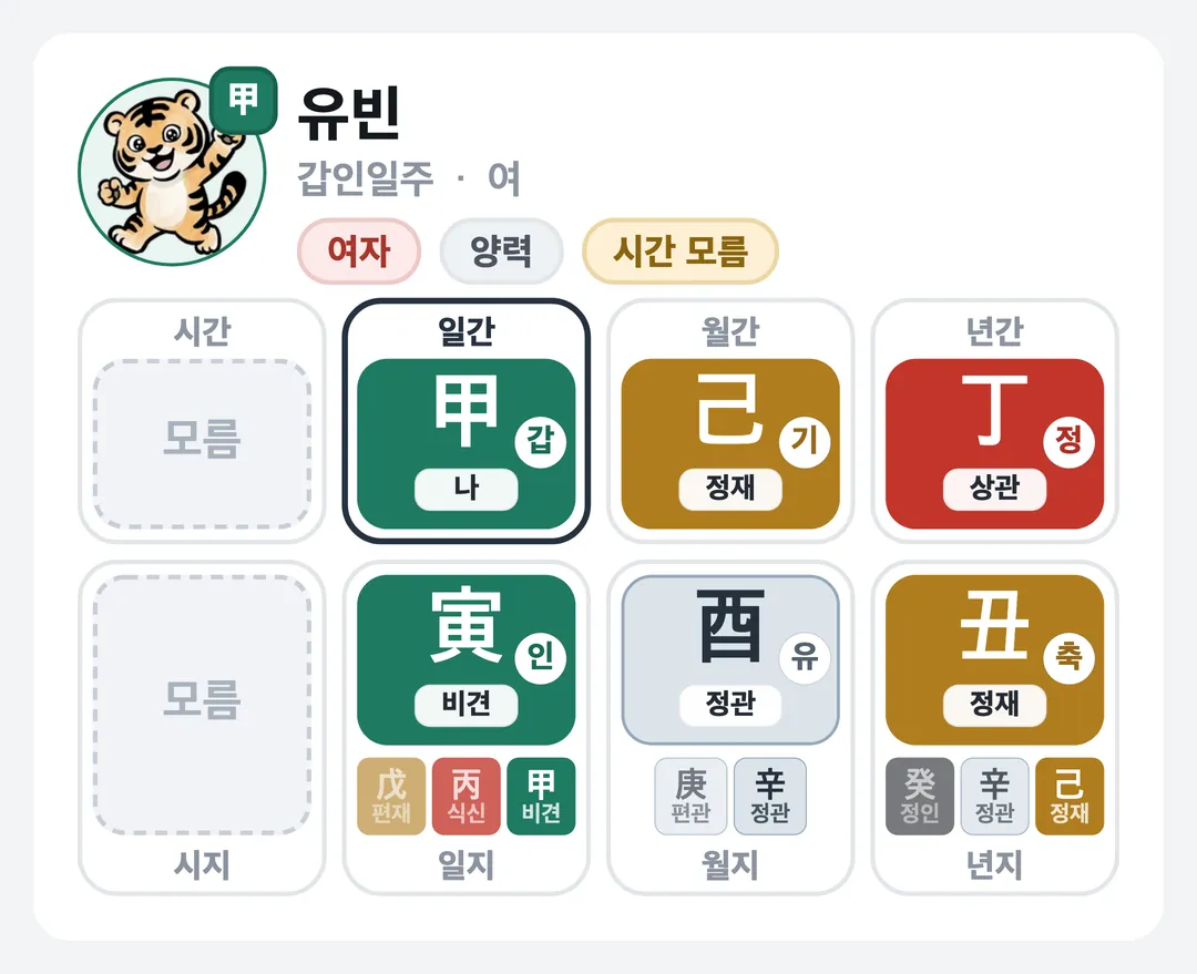 유빈 사주 원국 — 갑인일주