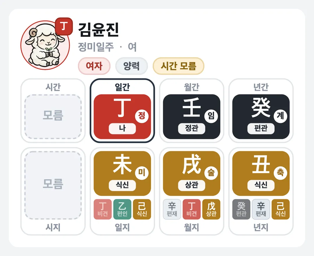 김윤진 사주 원국 — 정미일주